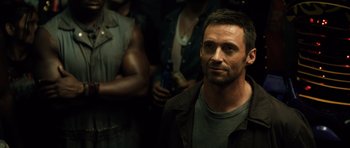 Movie still from “Real Steel” (2011), directed by Shawn Levy – A person wearing a jacket; Close Up shot, Over the shoulder angle