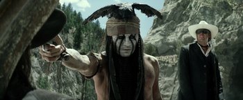 Movie still from “The Lone Ranger” (2013), directed by Gore Verbinski – A man with a crow on his head and face; Close Up shot, Low angle