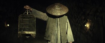 Movie still from “The Lone Ranger” (2013), directed by Gore Verbinski – A person wearing a hat and holding a bird cage; Medium shot, Low angle