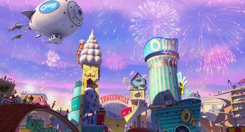 Movie still from “The Lorax” (2012), directed by Chris Renaud – A cartoon city with fireworks in the background; Extreme Wide shot, High angle
