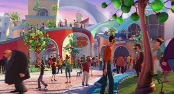 Movie still from “The Lorax” (2012), directed by Chris Renaud – An artistic rendering of people walking around a park; Extreme Wide shot, High angle