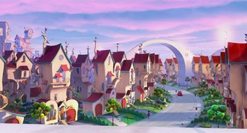 Movie still from “The Lorax” (2012), directed by Chris Renaud – A painting of a cartoon town with many buildings; Extreme Wide shot, Low angle