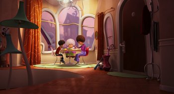 Movie still from “The Lorax” (2012), directed by Chris Renaud – A group of people sitting around a table; Wide shot, High angle