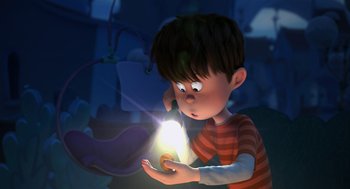 Movie still from “The Lorax” (2012), directed by Chris Renaud – A boy is holding a light in his hands; Medium shot, High angle