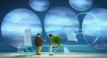 Movie still from “The Lorax” (2012), directed by Chris Renaud – A man and a woman are standing in front of a mirror; Extreme Wide shot, Overhead angle