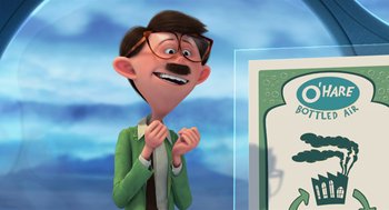 Movie still from “The Lorax” (2012), directed by Chris Renaud – An animated man in a green jacket is looking at a picture; Medium shot, Over the shoulder angle