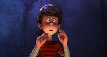 Movie still from “The Lorax” (2012), directed by Chris Renaud – An animated boy wearing goggles and a motorcycle helmet; Close Up shot, High angle