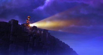 Movie still from “The Lorax” (2012), directed by Chris Renaud – A person standing on top of a mountain under a beam of light; Extreme Wide shot, Low angle