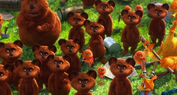 Movie still from “The Lorax” (2012), directed by Chris Renaud – Many teddy bears in the grass; Wide shot, High angle