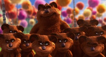 Movie still from “The Lorax” (2012), directed by Chris Renaud – A group of brown teddy bears in a field of balloons; Close Up shot, Low angle