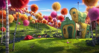 Movie still from “The Lorax” (2012), directed by Chris Renaud – A field with a bunch of trees in the grass; Extreme Wide shot, High angle