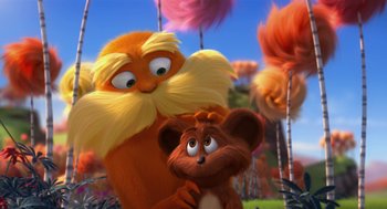 Movie still from “The Lorax” (2012), directed by Chris Renaud – The lorax and a mouse in a scene from dr; Close Up shot, Low angle