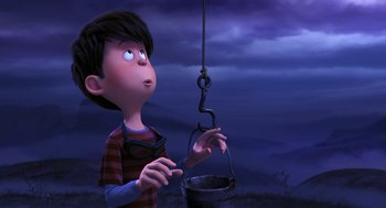 Movie still from “The Lorax” (2012), directed by Chris Renaud – A boy holding onto a hook with a bucket hanging from it; Medium shot, High angle