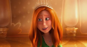 Movie still from “The Lorax” (2012), directed by Chris Renaud – A woman with red hair wearing a tiara; Close Up shot, High angle