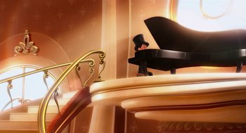 Movie still from “The Lorax” (2012), directed by Chris Renaud – An image of a grand piano in a living room setting; Extreme Wide shot, Low angle