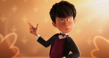 Movie still from “The Lorax” (2012), directed by Chris Renaud – A cartoon boy in a suit and bow tie pointing; Close Up shot, Low angle