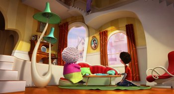 Movie still from “The Lorax” (2012), directed by Chris Renaud – Two cartoon characters sitting in a room with a window; Wide shot, High angle