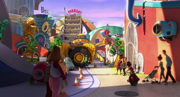 Movie still from “The Lorax” (2012), directed by Chris Renaud – A street scene of a city with people walking around; Extreme Wide shot, High angle