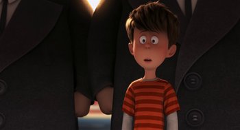 Movie still from “The Lorax” (2012), directed by Chris Renaud – A boy is standing next to another boy; Medium shot, Over the shoulder angle