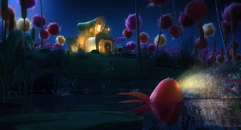 Movie still from “The Lorax” (2012), directed by Chris Renaud – An artistic rendering of a house in the middle of the night; Extreme Wide shot, Low angle