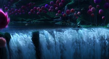 Movie still from “The Lorax” (2012), directed by Chris Renaud – An animated waterfall scene with balloons floating above it; Extreme Wide shot, Low angle