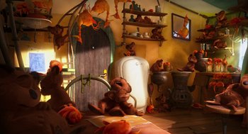 Movie still from “The Lorax” (2012), directed by Chris Renaud – A monkey sitting in the corner of a room; Wide shot, High angle