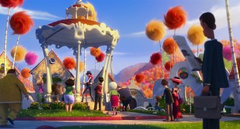 Movie still from “The Lorax” (2012), directed by Chris Renaud – A group of people standing around a carousel; Extreme Wide shot, Low angle