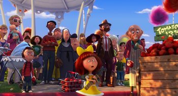Movie still from “The Lorax” (2012), directed by Chris Renaud – A group of people standing around a crowd of people; Wide shot, Over the shoulder angle