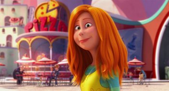 Movie still from “The Lorax” (2012), directed by Chris Renaud – An animated woman with red hair is smiling for the camera; Close Up shot, Over the shoulder angle