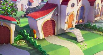 Movie still from “The Lorax” (2012), directed by Chris Renaud – An animated house is shown in a cartoon style; Extreme Wide shot, High angle