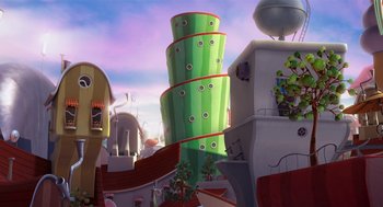 Movie still from “The Lorax” (2012), directed by Chris Renaud – An animated picture of a green tower with a slide; Extreme Wide shot, Low angle