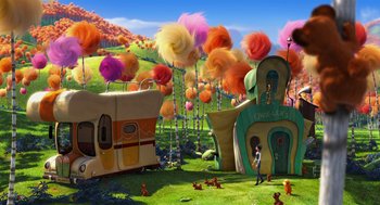 Movie still from “The Lorax” (2012), directed by Chris Renaud – A group of people standing in front of a house; Extreme Wide shot, High angle