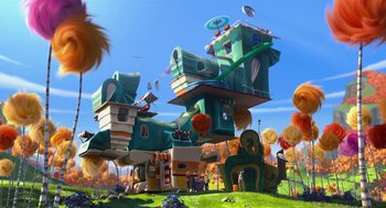 Movie still from “The Lorax” (2012), directed by Chris Renaud – An image of an animated scene of a building; Extreme Wide shot, Low angle