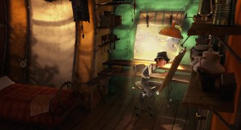 Movie still from “The Lorax” (2012), directed by Chris Renaud – A man sitting in a chair in front of an easel in a room; Wide shot, High angle