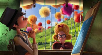 Movie still from “The Lorax” (2012), directed by Chris Renaud – A woman is looking out a window at a bunch of balloons; Wide shot, Low angle
