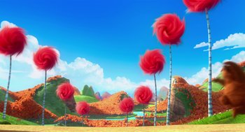 Movie still from “The Lorax” (2012), directed by Chris Renaud – A group of red lollipops in the shape of trees; Extreme Wide shot, Low angle