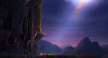 Movie still from “The Lorax” (2012), directed by Chris Renaud – A person standing in front of a building with a sky background; Extreme Wide shot, Low angle