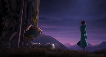 Movie still from “The Lorax” (2012), directed by Chris Renaud – A person standing in front of a building with sheep in the background; Extreme Wide shot, Low angle