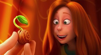 Movie still from “The Lorax” (2012), directed by Chris Renaud – An animated picture of a woman looking at a snail; Close Up shot, Over the shoulder angle