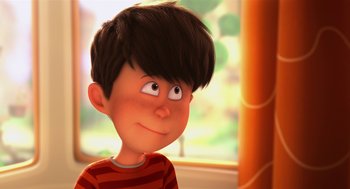 Movie still from “The Lorax” (2012), directed by Chris Renaud – A cartoon of a boy with brown hair and a striped shirt; Close Up shot, Low angle
