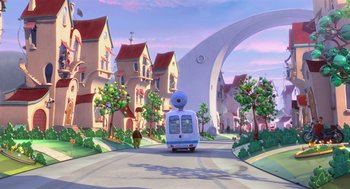 Movie still from “The Lorax” (2012), directed by Chris Renaud – An animated scene of a street with a car driving down the road; Extreme Wide shot, Low angle