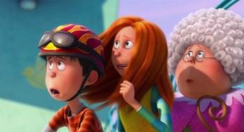 Movie still from “The Lorax” (2012), directed by Chris Renaud – A group of people standing next to each other in a room; Medium shot, Over the shoulder angle