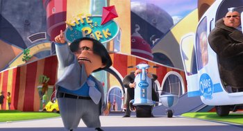 Movie still from “The Lorax” (2012), directed by Chris Renaud – An animated scene of a man holding a kite in a park; Extreme Wide shot, Low angle