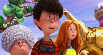 Movie still from “The Lorax” (2012), directed by Chris Renaud – A group of people standing next to each other on a beach; Close Up shot, Over the shoulder angle