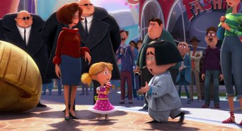 Movie still from “The Lorax” (2012), directed by Chris Renaud – A group of people standing next to each other on the ground; Wide shot, Over the shoulder angle
