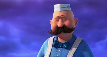 Movie still from “The Lorax” (2012), directed by Chris Renaud – An animated character with a mustache and a beard; Close Up shot, Low angle