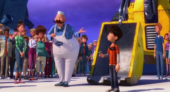 Movie still from “The Lorax” (2012), directed by Chris Renaud – An animated scene of a man and a boy in front of a construction site; Wide shot, Over the shoulder angle