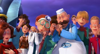 Movie still from “The Lorax” (2012), directed by Chris Renaud – A bunch of people that are standing in a group; Wide shot, Low angle