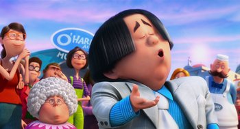 Movie still from “The Lorax” (2012), directed by Chris Renaud – An animated scene of an asian man with a surprised look on his face; Medium shot, Low angle