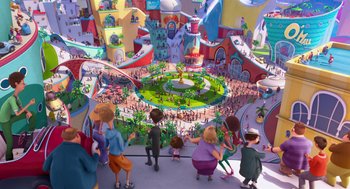 Movie still from “The Lorax” (2012), directed by Chris Renaud – A group of people standing in front of an animated scene; Extreme Wide shot, High angle